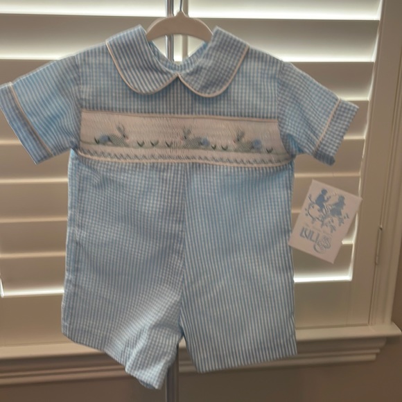Luli & Me Baby Boys Ivory Linen Blend Honey Comb Smocked Bubble main image 0